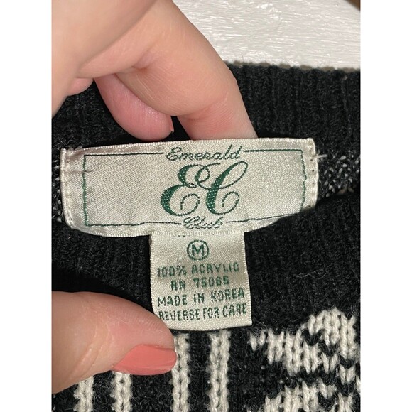 Vintage 80s Cropped Knit Sweater Black White Snowflake Stripe Dot Oversized M - Picture 4 of 9